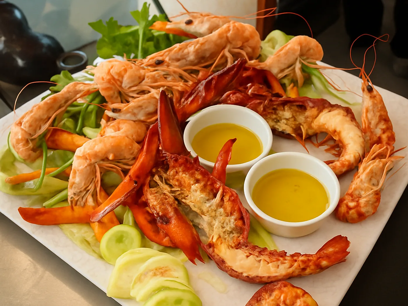 Scampi e gamberi fritti con verdure e salse